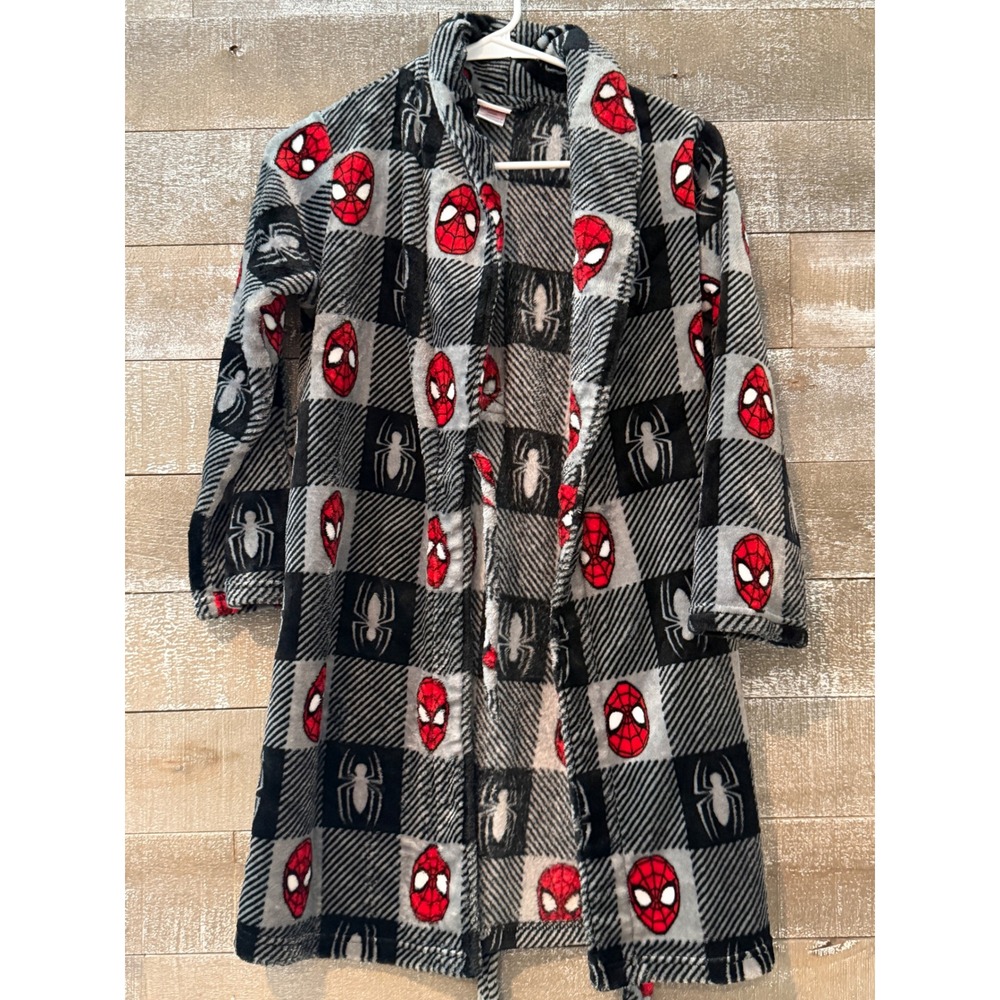 Marvel Spider-Man Plush Fleece Robe Boys Size M Grey Black Red